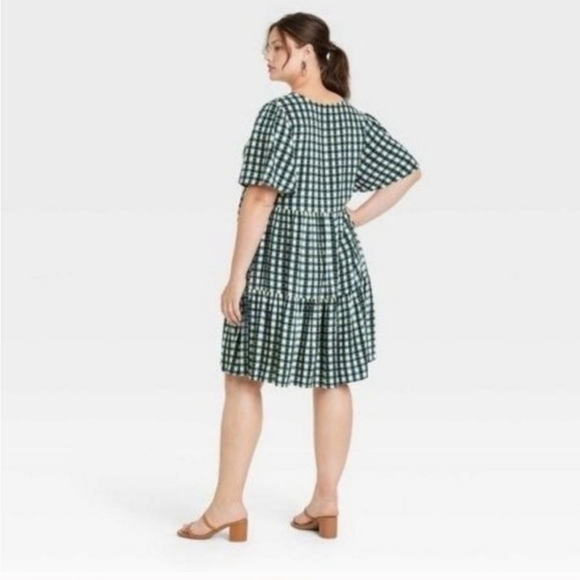 Ava & Viv Women's Plus Size Flutter Short Sleeve Tiered Midi Dress Gingham - Picture 2 of 12